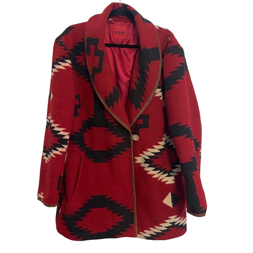 Black Mountain Southwestern Fleece Coat Red Black Geometric Shawl Collar 1X